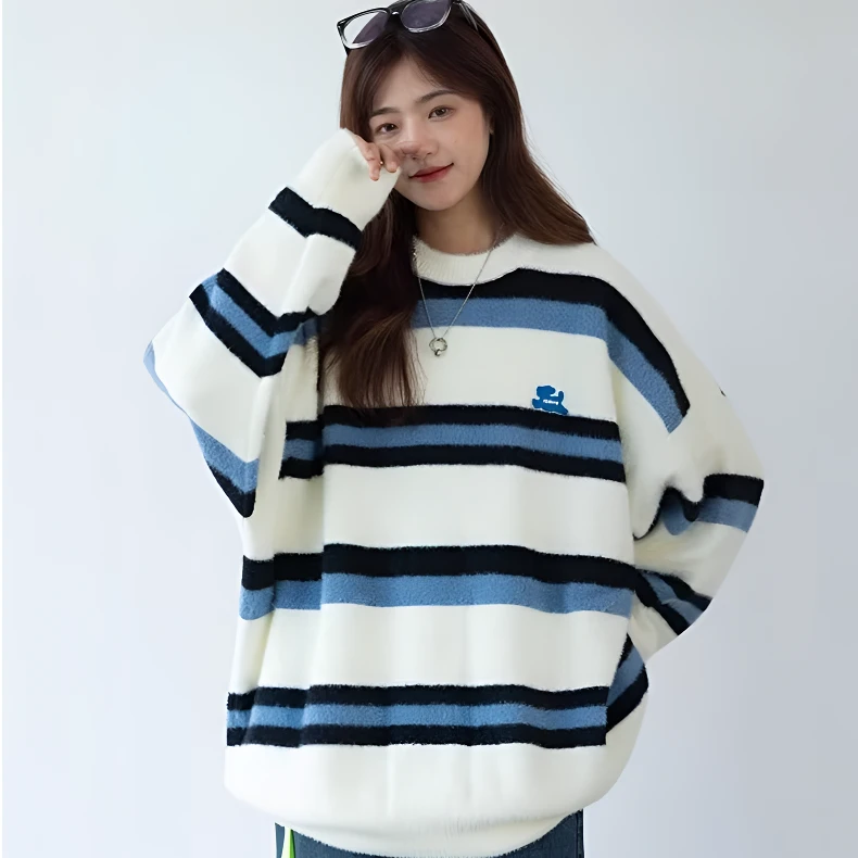 高级感圆领针织男女秋冬高街条纹撞色毛衣休闲宽松慵懒感情侣上衣