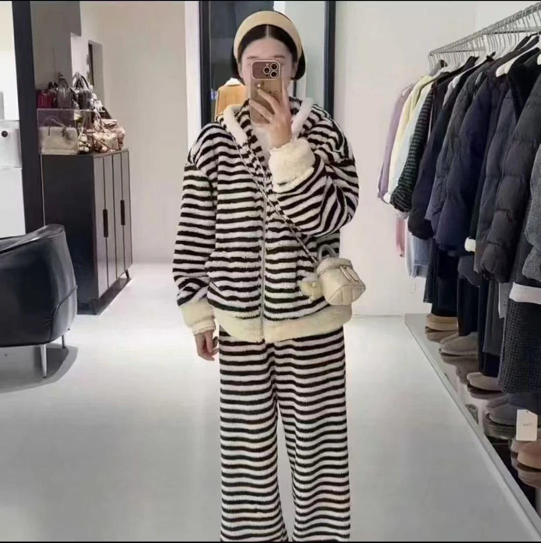 牛姐力推-新款韩版条纹加绒加厚冬季休闲百搭 网红时尚睡衣-6662