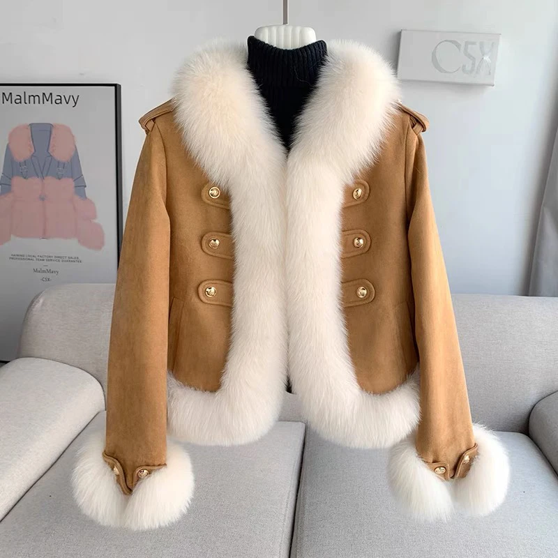 NJ新款双排扣狐狸毛大毛领鹅绒显瘦年轻款毛毛大衣外套女