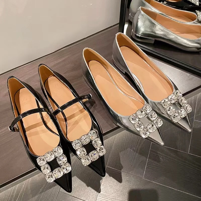 平价百搭高跟鞋勃肯鞋气质单鞋法式粗跟尖头方头夏季平底漆皮3701