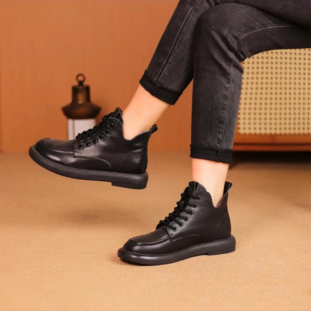 （加绒）系带短靴马丁女保暖新款圆头单靴复古妈妈马丁靴   7005