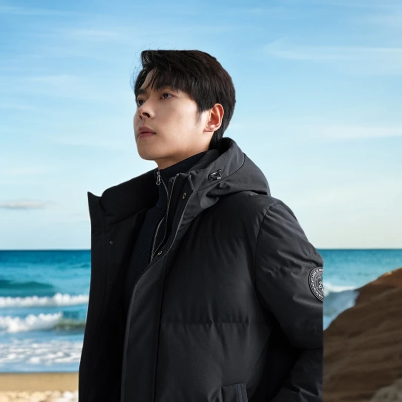 Lilanz/利郎羽绒长款风衣 男士运动时尚休闲黑色连帽(A4DRF008)