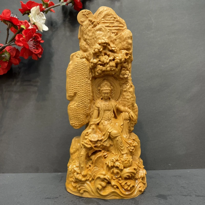 小叶黄杨木岩石心经自在观音摆件20cm 家居玄功供桌摆件水月观音
