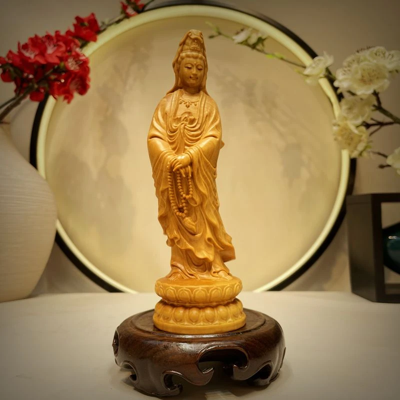 黄杨木雕念珠观音菩萨16cm摆件实木根雕工艺品家居装饰品