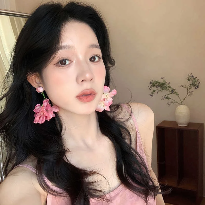 非金属布艺耳饰 浪漫法式复古花朵串珠耳环优雅度假小众气质耳饰