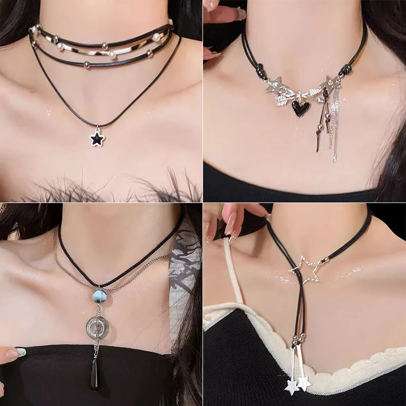 锌合金皮质吊坠 多层星星项链辣妹风choker锁骨链通勤时尚项饰