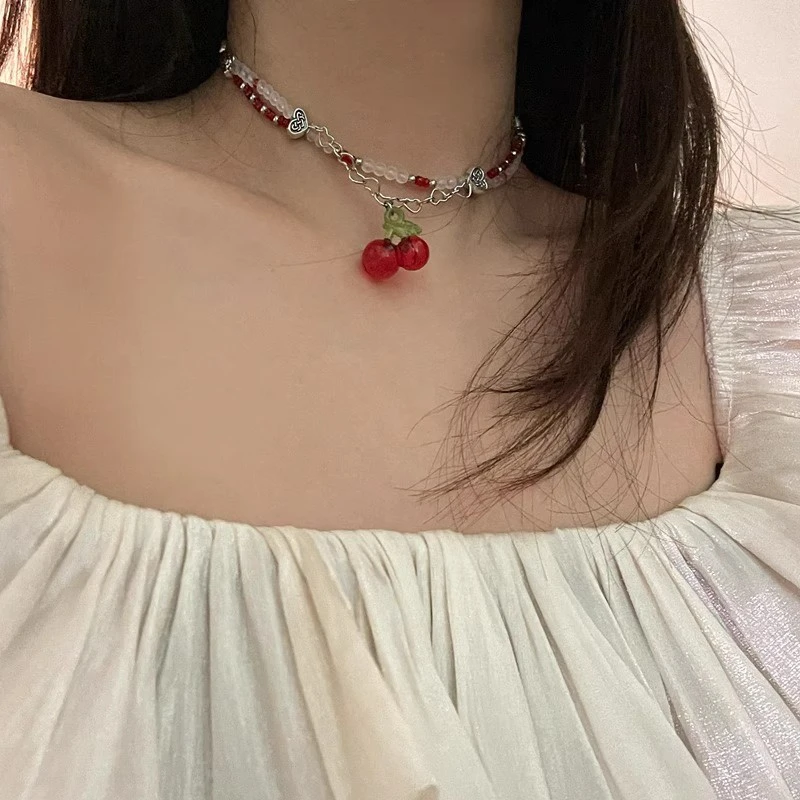 少女感ins森系红色樱桃小众设计水晶串珠双层爱心项链锁骨链女潮