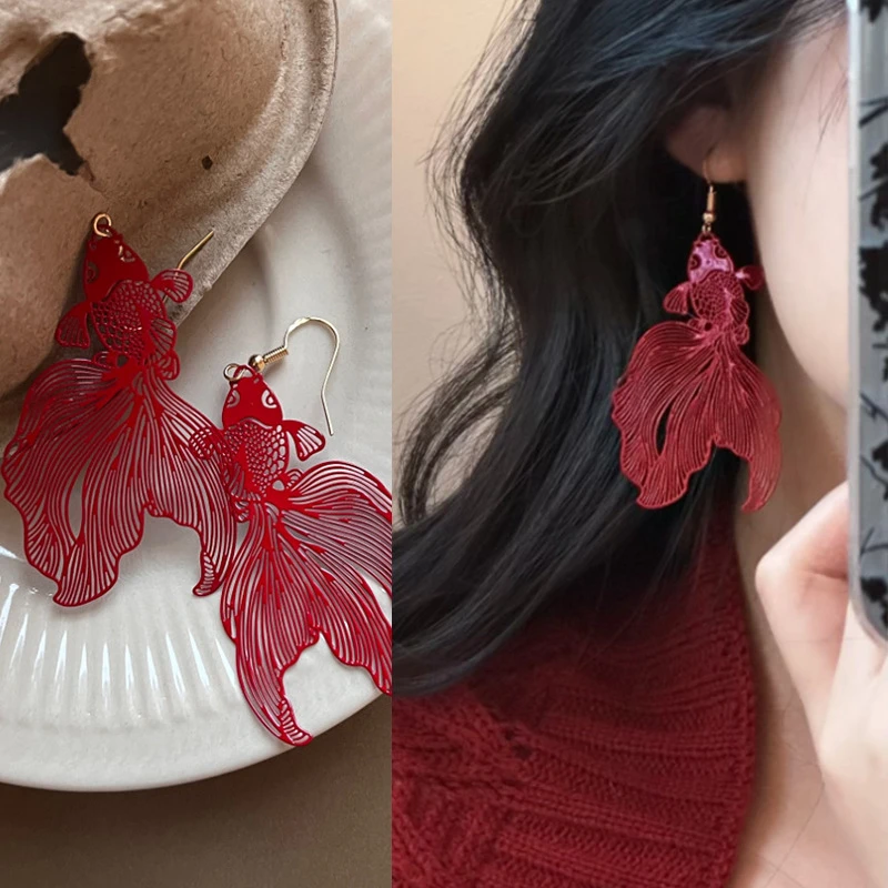 红色喷漆大尾锦鲤鱼耳钩中国风轻奢气质耳环小众百搭感耳饰女