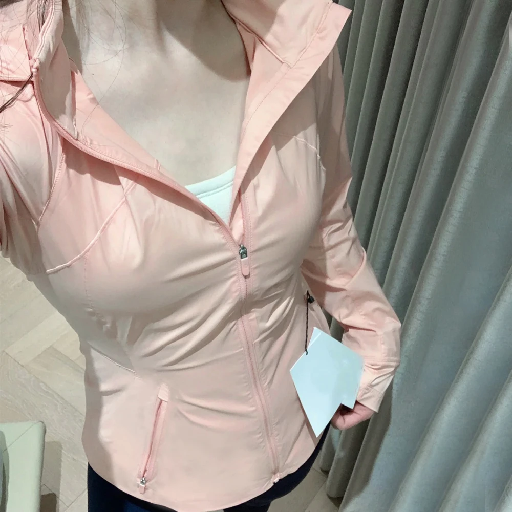 浅桃粉修身户外运动立领连帽防晒上衣 2936