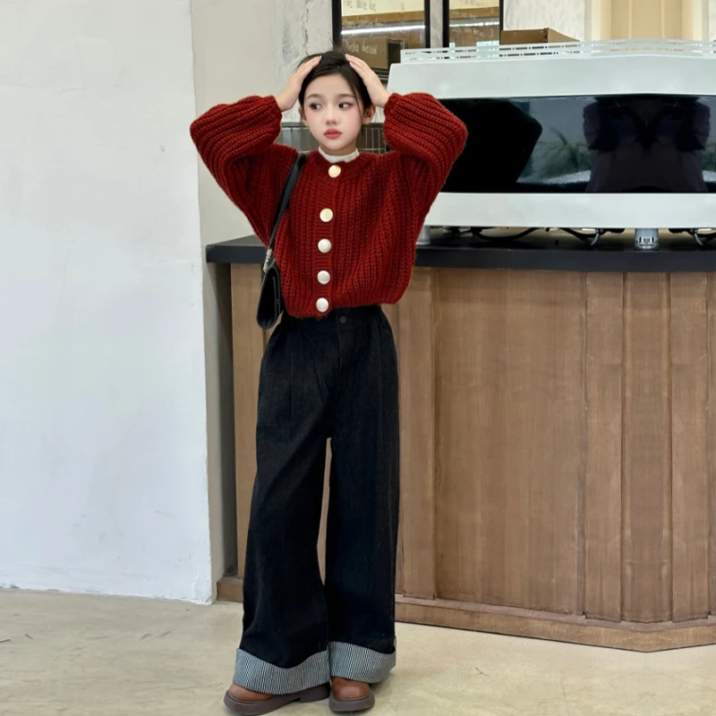 女童毛衣外套春秋2024新款女孩洋气针织开衫儿童秋装慵懒风上衣红