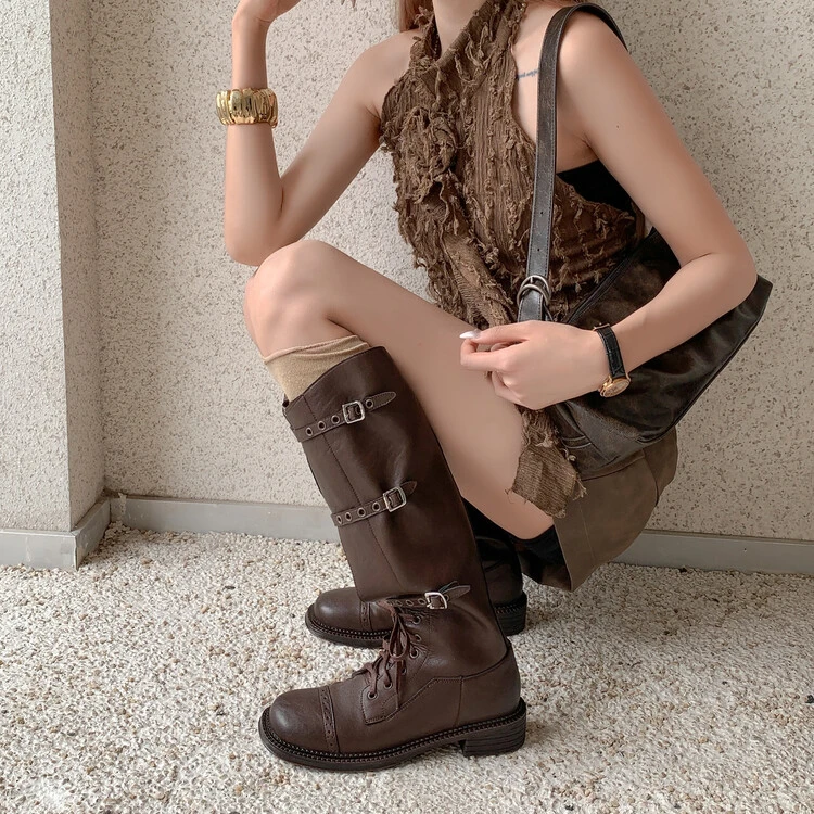 米娜精选~时髦巨好穿的长靴~复古骑士靴子真皮英伦风长筒