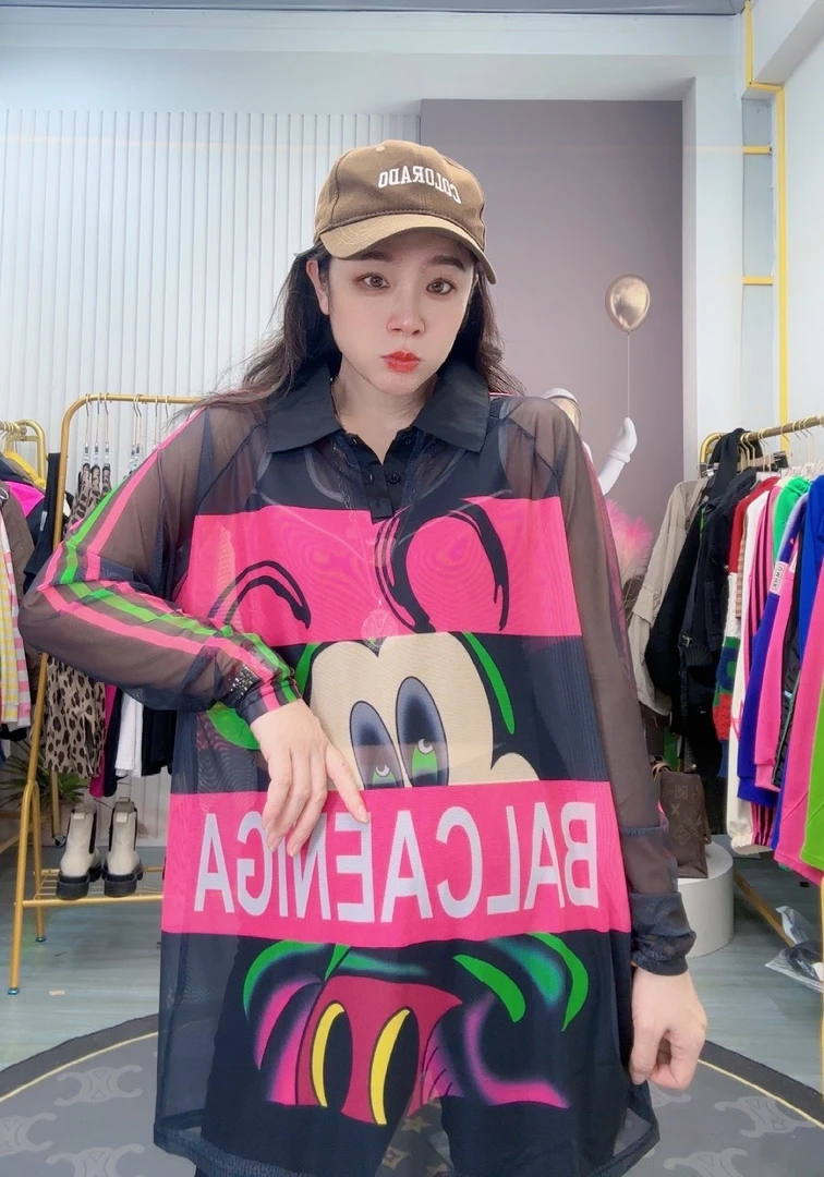 C45粒姐潮牌欧货百搭宽松防晒POLO领米奇网纱上衣