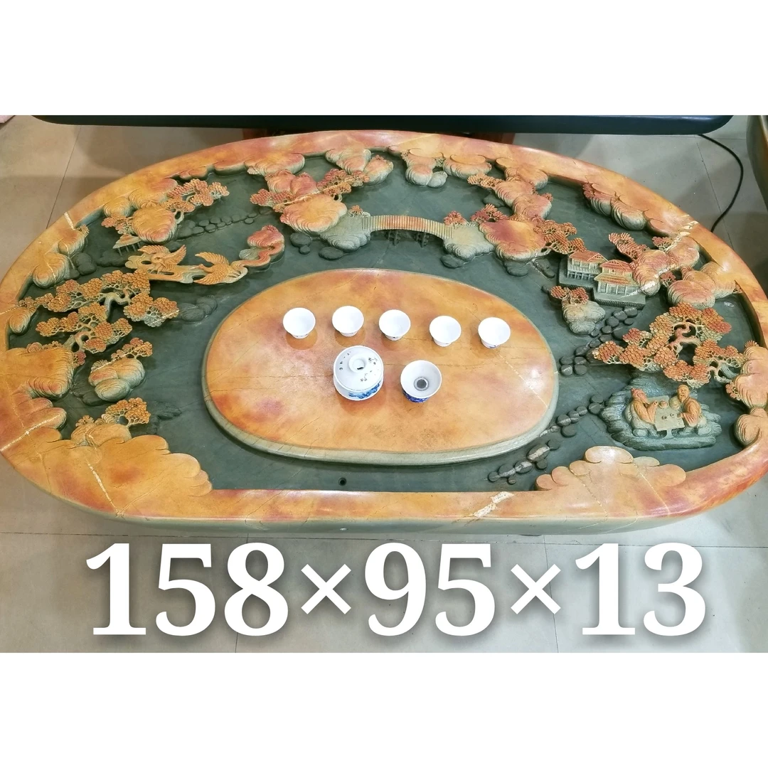 肇庆端砚石茶盘，绿端石金包玉茶海《世外桃源》原石雕刻手工工艺品。