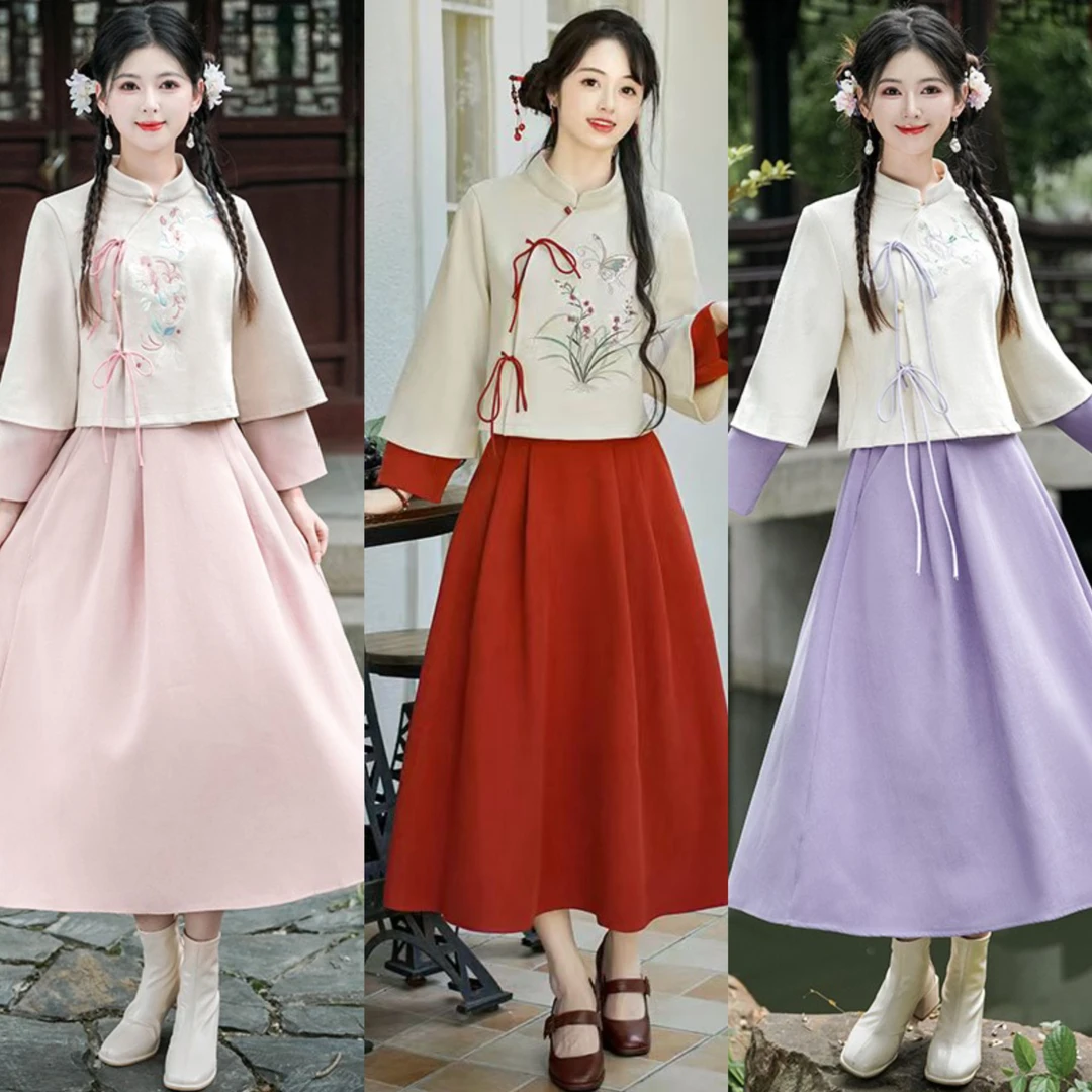 GF40#宋制斜襟系带唐装上衣仙气半身裙中国风刺绣汉服套装秋冬季