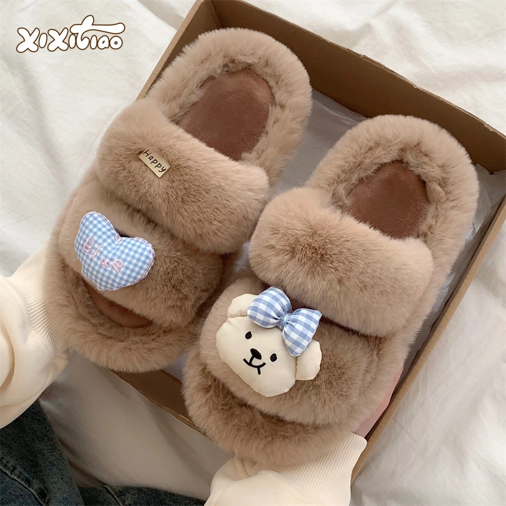 细细条 韩系ins蝴蝶结小熊毛毛拖鞋冬室内外格子爱心休闲棉拖鞋女