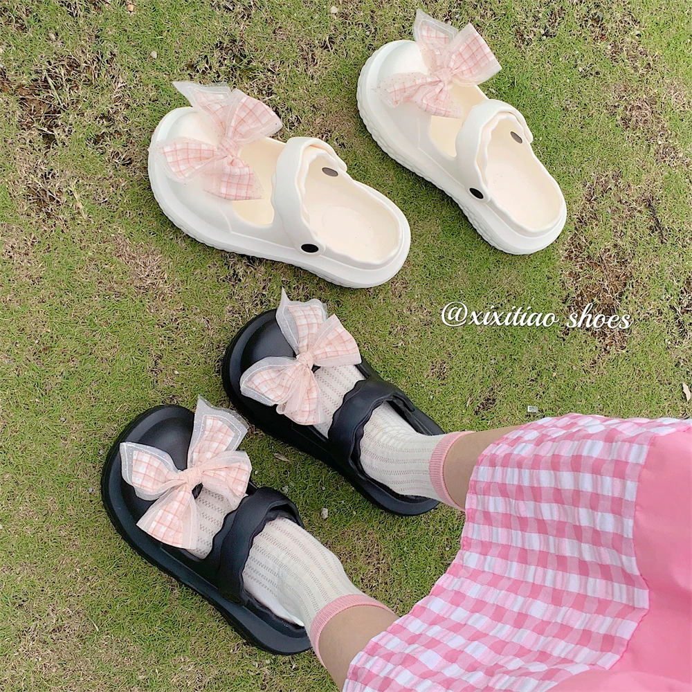 细细条 夏季仙女风踩屎感eva沙滩凉鞋女网纱蝴蝶结防滑包头半拖鞋