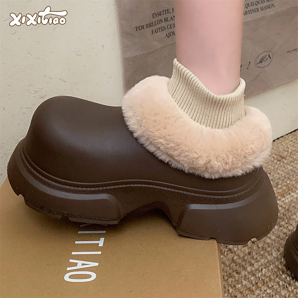 细细条 户外穿时尚增高懒人半拖鞋百搭复古冬季休闲防水大头鞋女