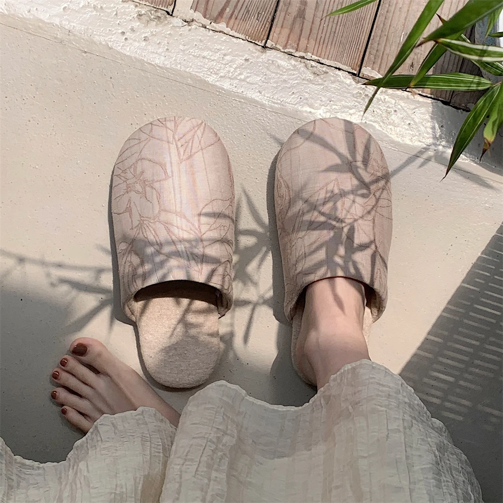 细细条 中国风包头拖鞋秋冬季休闲平底防滑居家中式禅意棉拖鞋女