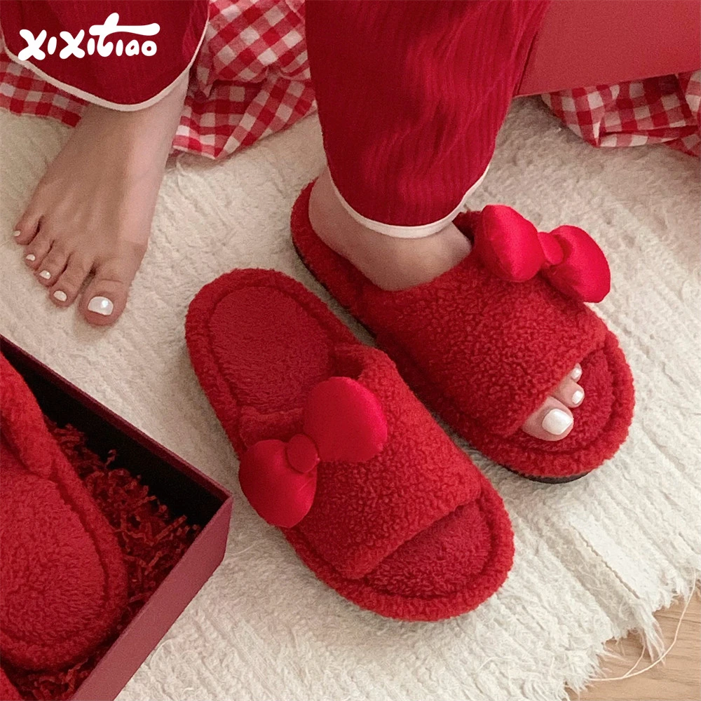 细细条 甜美蝴蝶结本命年棉拖鞋男女冬情侣室内防滑新婚毛毛拖鞋