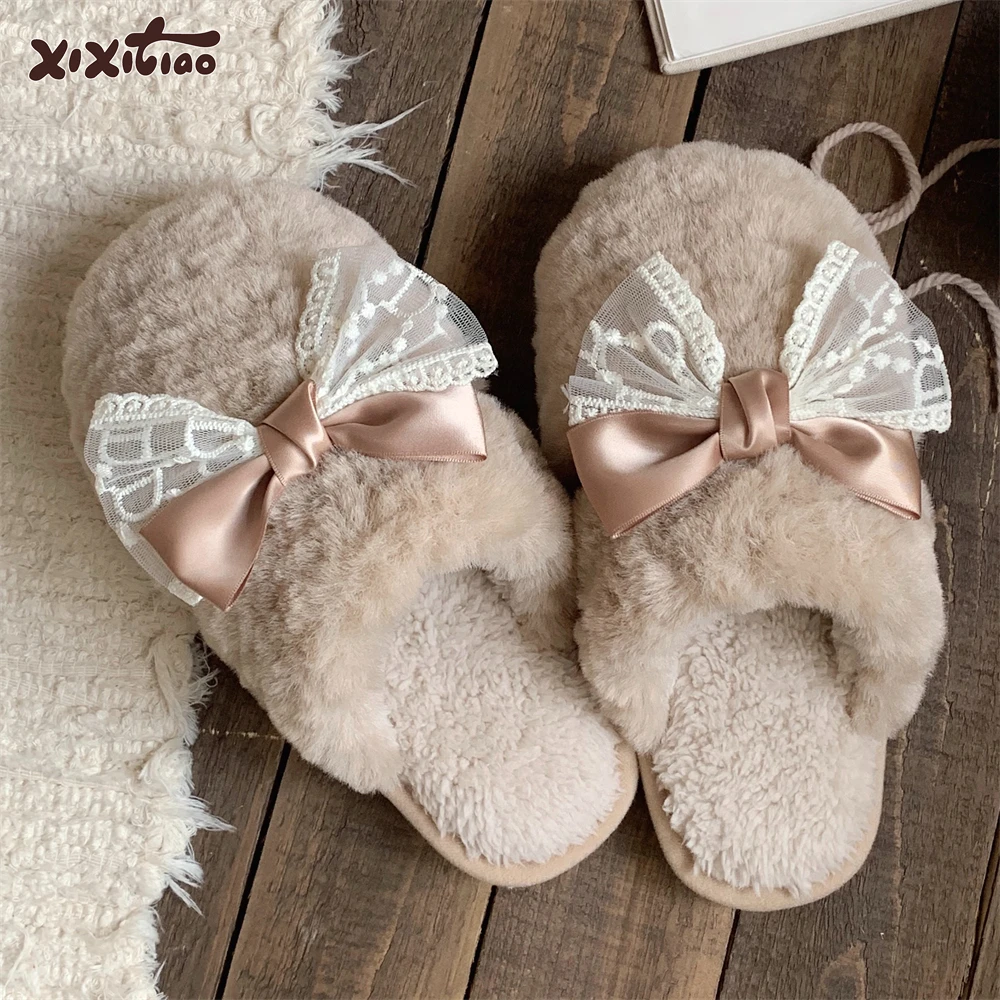 细细条 秋冬季甜美蕾丝蝴蝶结毛毛鞋平底防滑女士休闲居家棉拖鞋