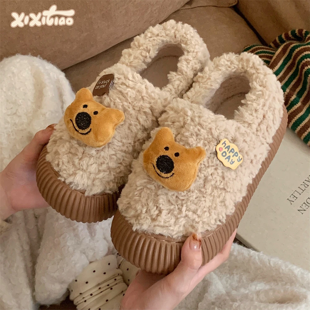 细细条 休闲百搭保暖羊羔毛面包鞋可爱黑鼻小熊冬季女士外穿棉鞋