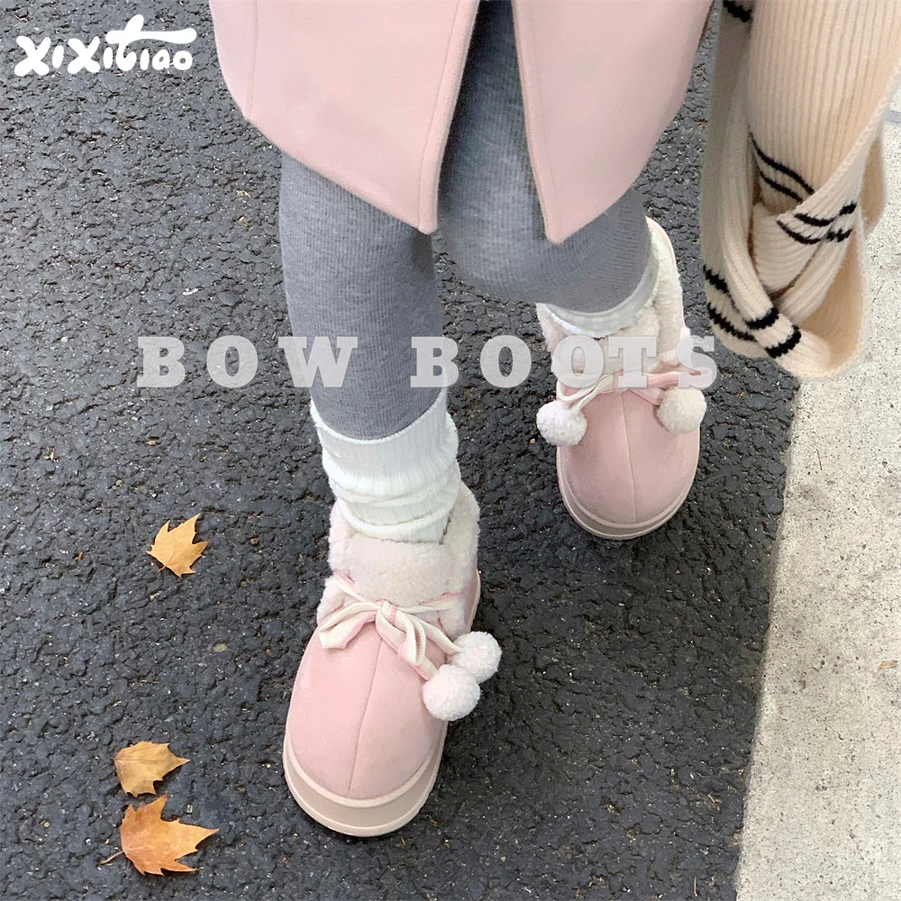 细细条 可爱粉色短筒棉鞋少女心冬季时尚蝴蝶结保暖厚底雪地靴ins