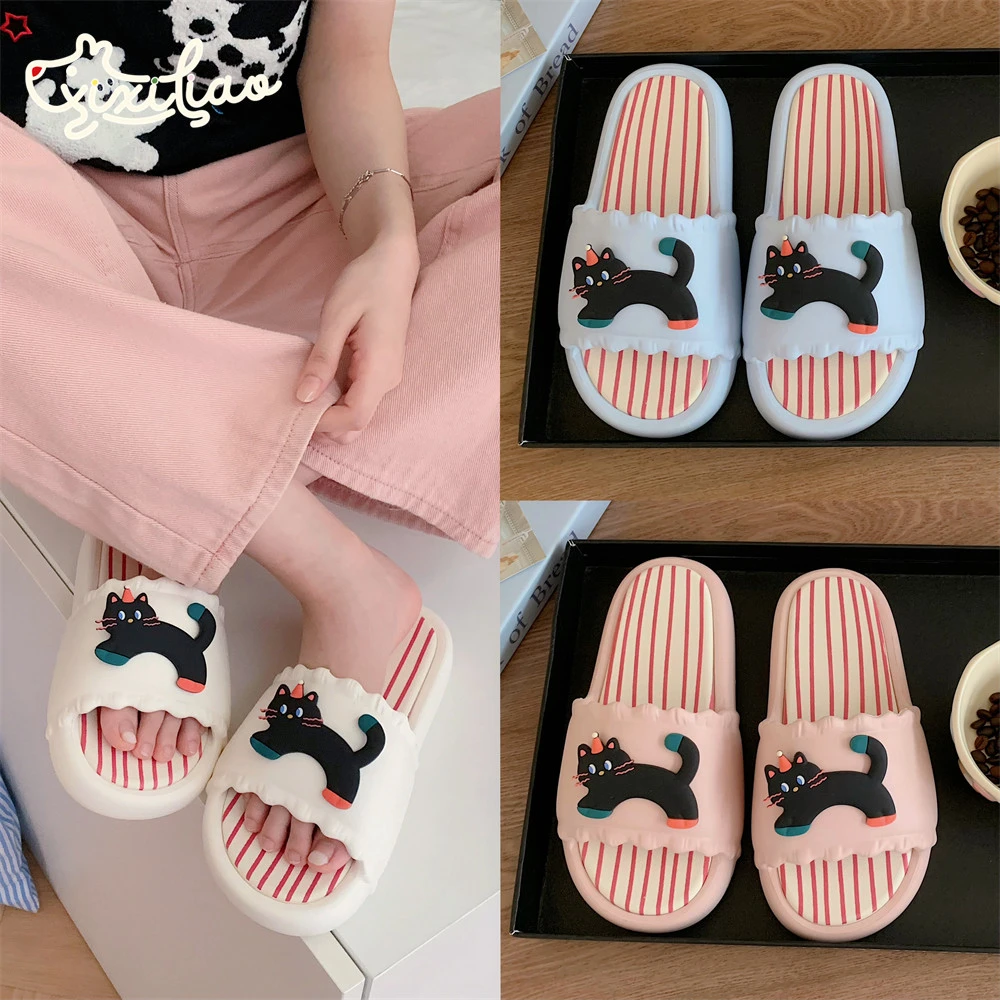 细细条 创意条纹一字拖鞋女外穿防滑夏季趣味黑色小猫拼色凉拖鞋