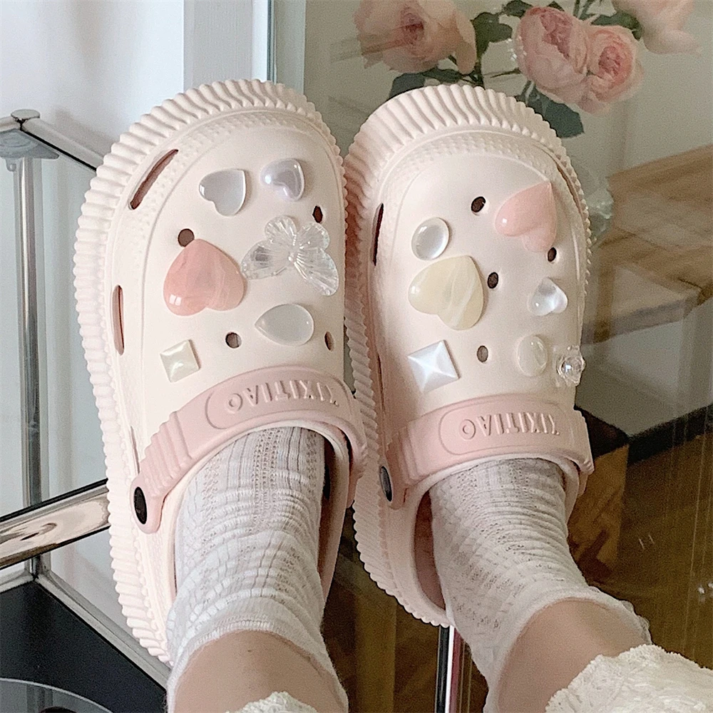 细细条 踩屎感增高厚底防滑洞洞鞋女夏季ins梦幻少女心水钻包头拖