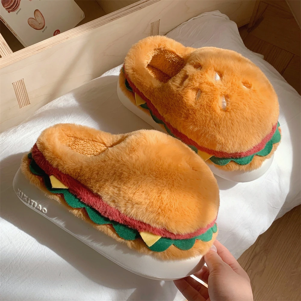 细细条 趣味汉堡毛绒保暖棉拖鞋男女居家ins网红厚底防滑情侣棉鞋