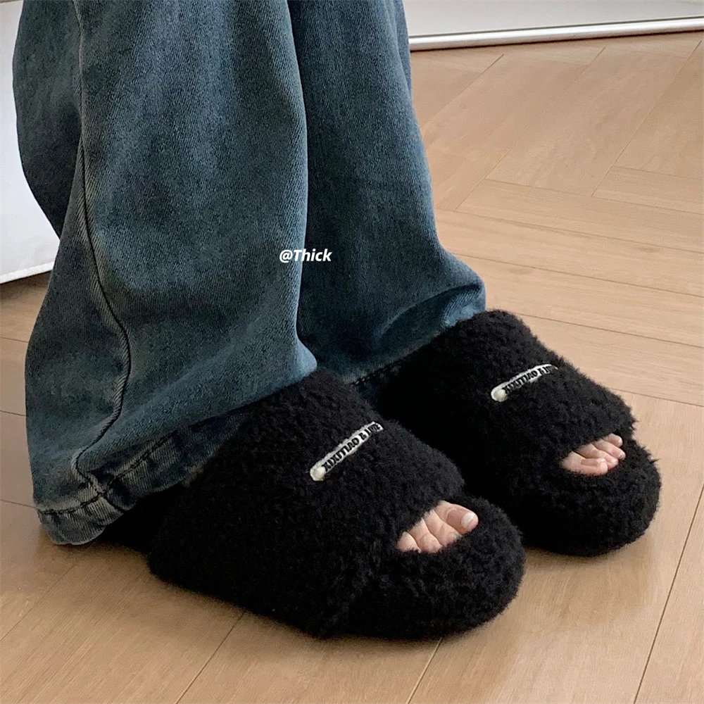 细细条 时尚百搭厚底防滑居家棉拖鞋秋冬保暖户外一字毛毛拖鞋女