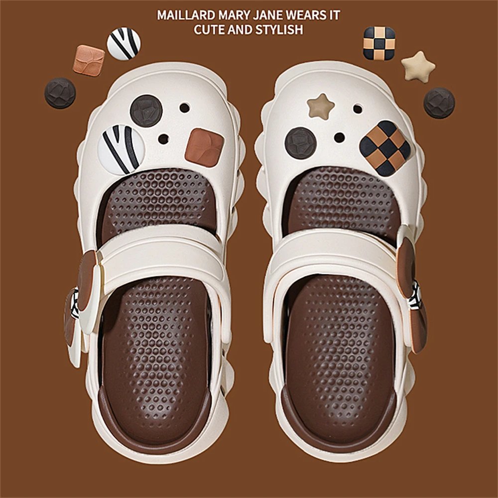 细细条 复古蝴蝶结玛丽珍洞洞鞋女夏季EVA户外拿铁色厚底沙滩凉鞋