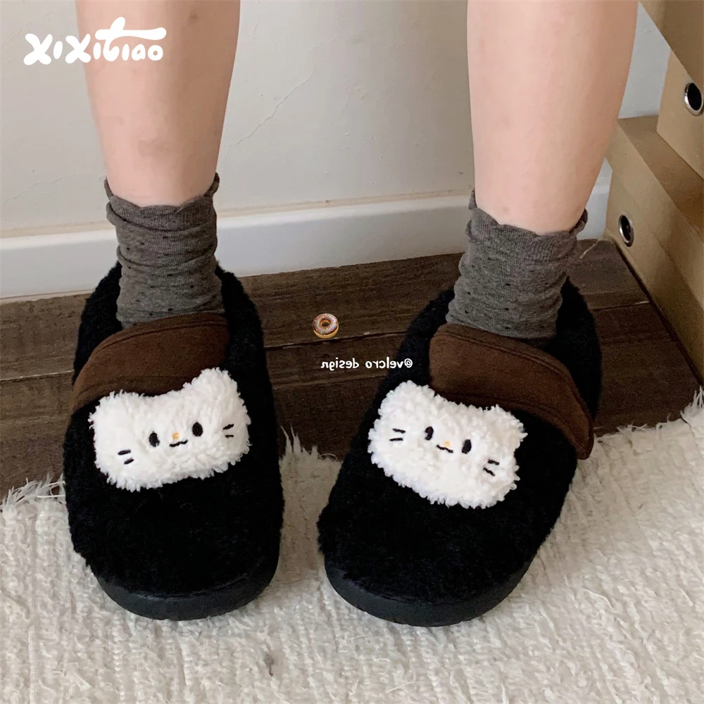 细细条 秋冬可爱小猫咪毛毛单鞋女软萌亲子外穿保暖魔术贴豆豆鞋