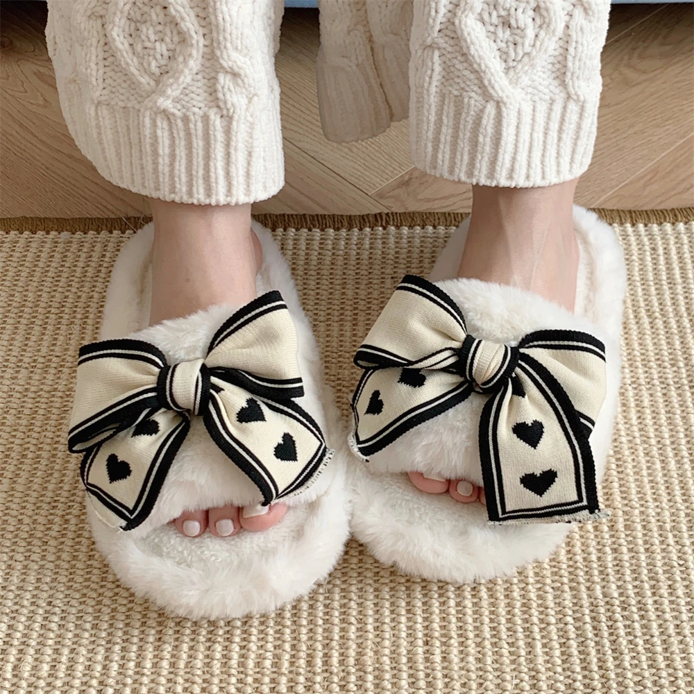 细细条 毛毛鞋拖鞋冬季2025新款网红蝴蝶结平底防滑一字棉拖鞋女
