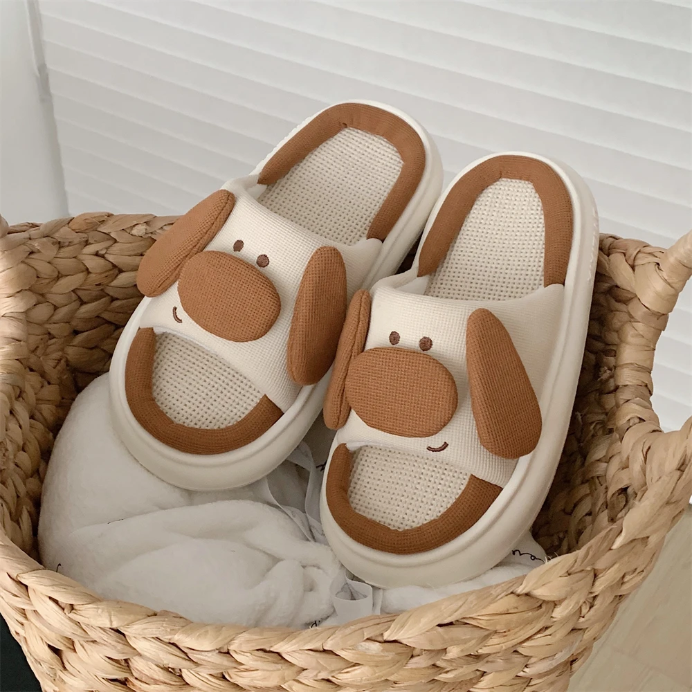 细细条 四季通用时尚亚麻拖鞋创意可爱狗狗情侣室内软底居家拖鞋