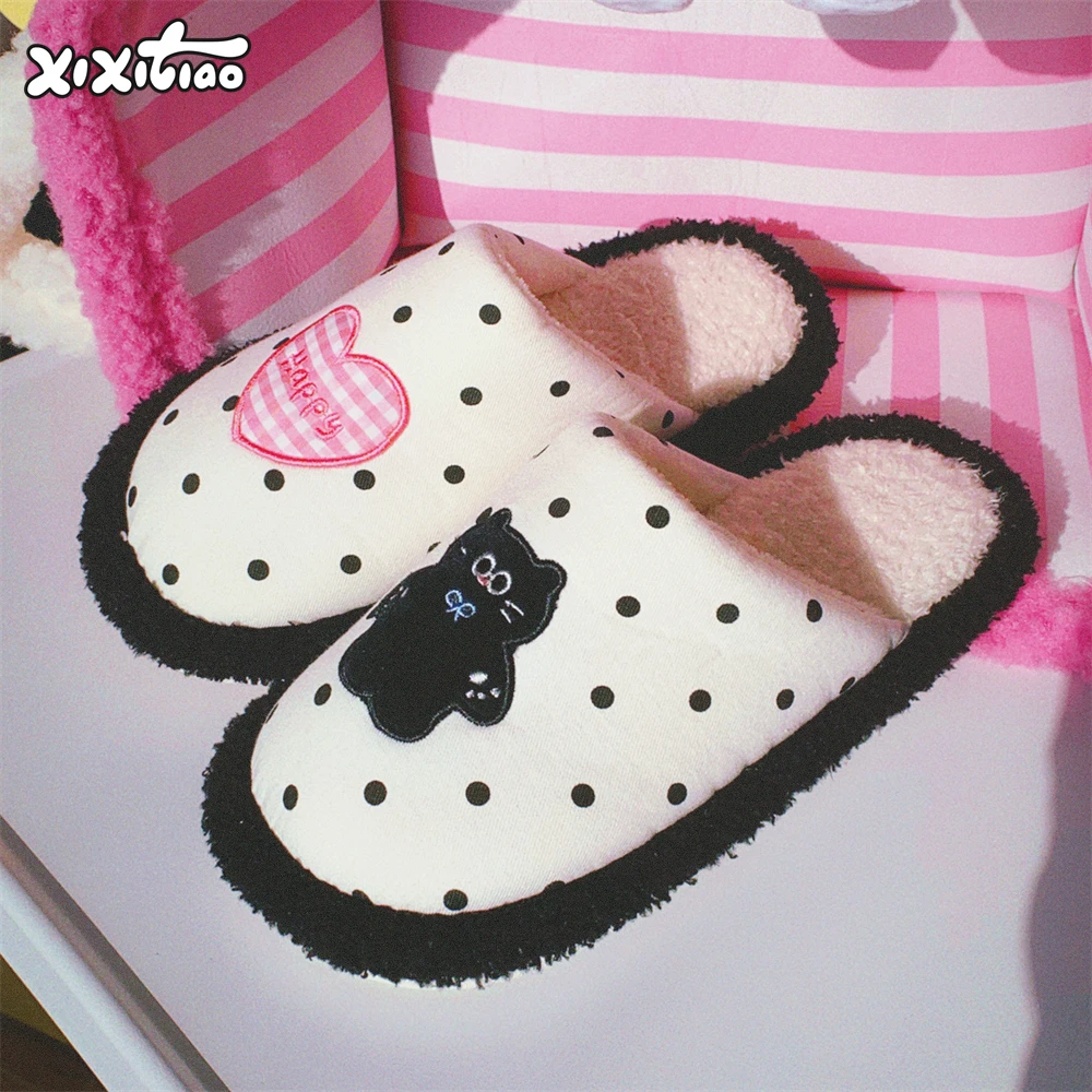 细细条 个性波点小猫棉拖鞋女包头防滑秋冬季休闲居家卡通月子鞋