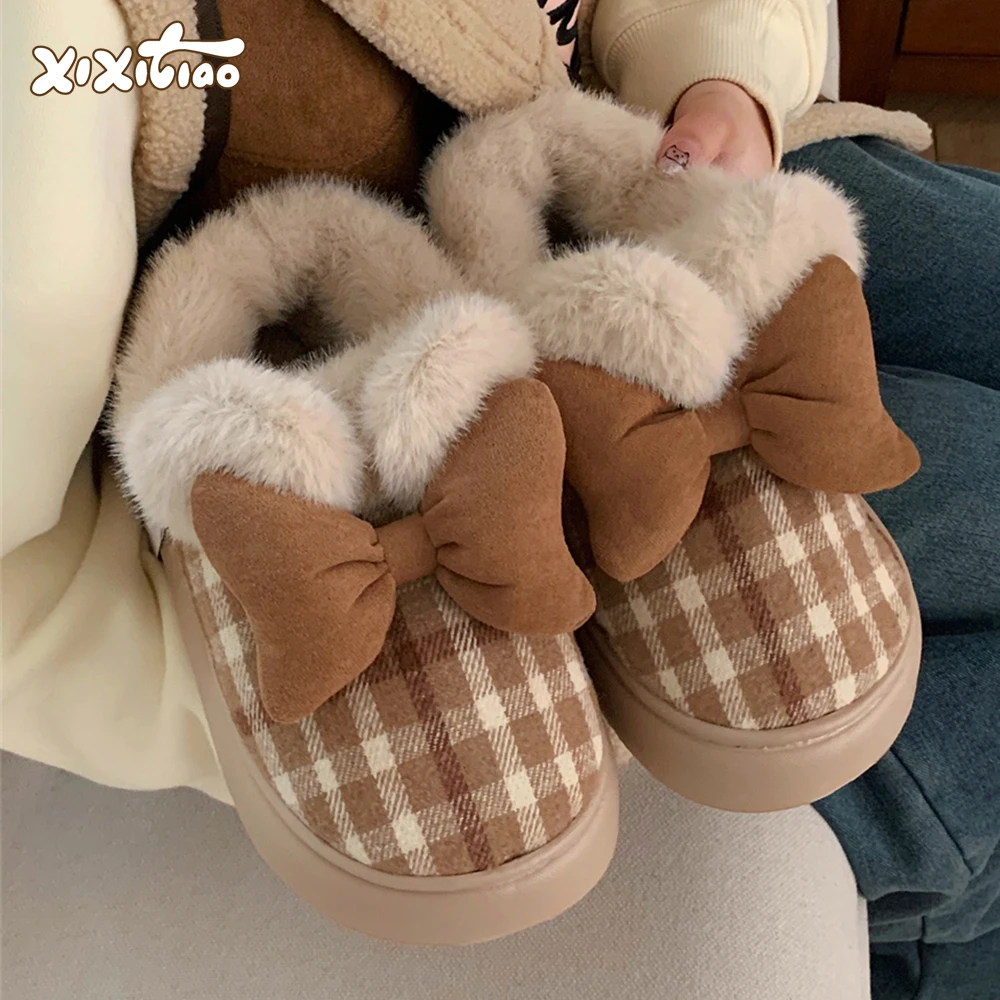 细细条 少女心蝴蝶结雪地靴保暖加绒加厚韩版ins格子时尚棉鞋女冬