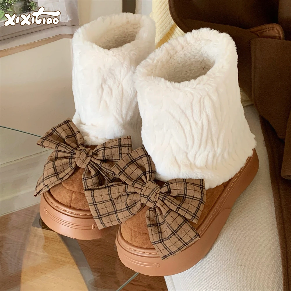 细细条 百搭厚底毛毛雪地靴女新款学院风格子蝴蝶结冬季户外棉靴