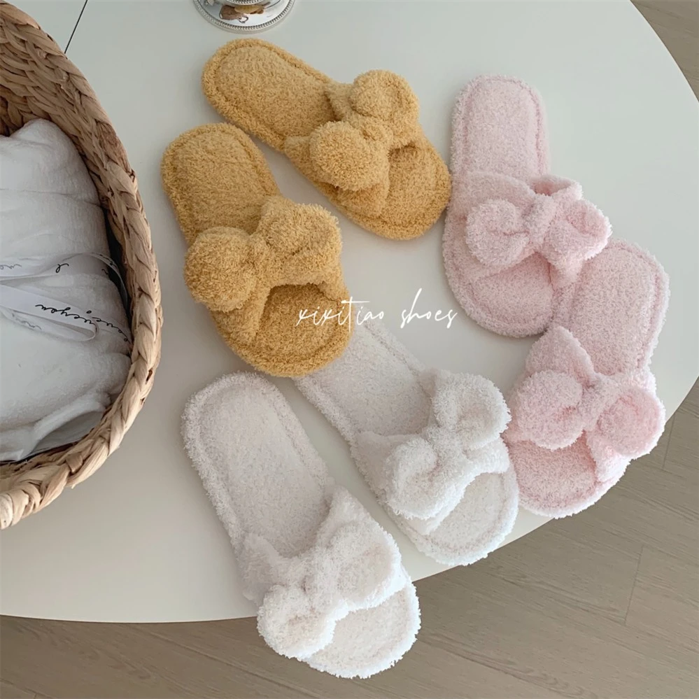 细细条 仙女风可爱蝴蝶结棉拖鞋冬季女士休闲居家平底一字毛毛鞋