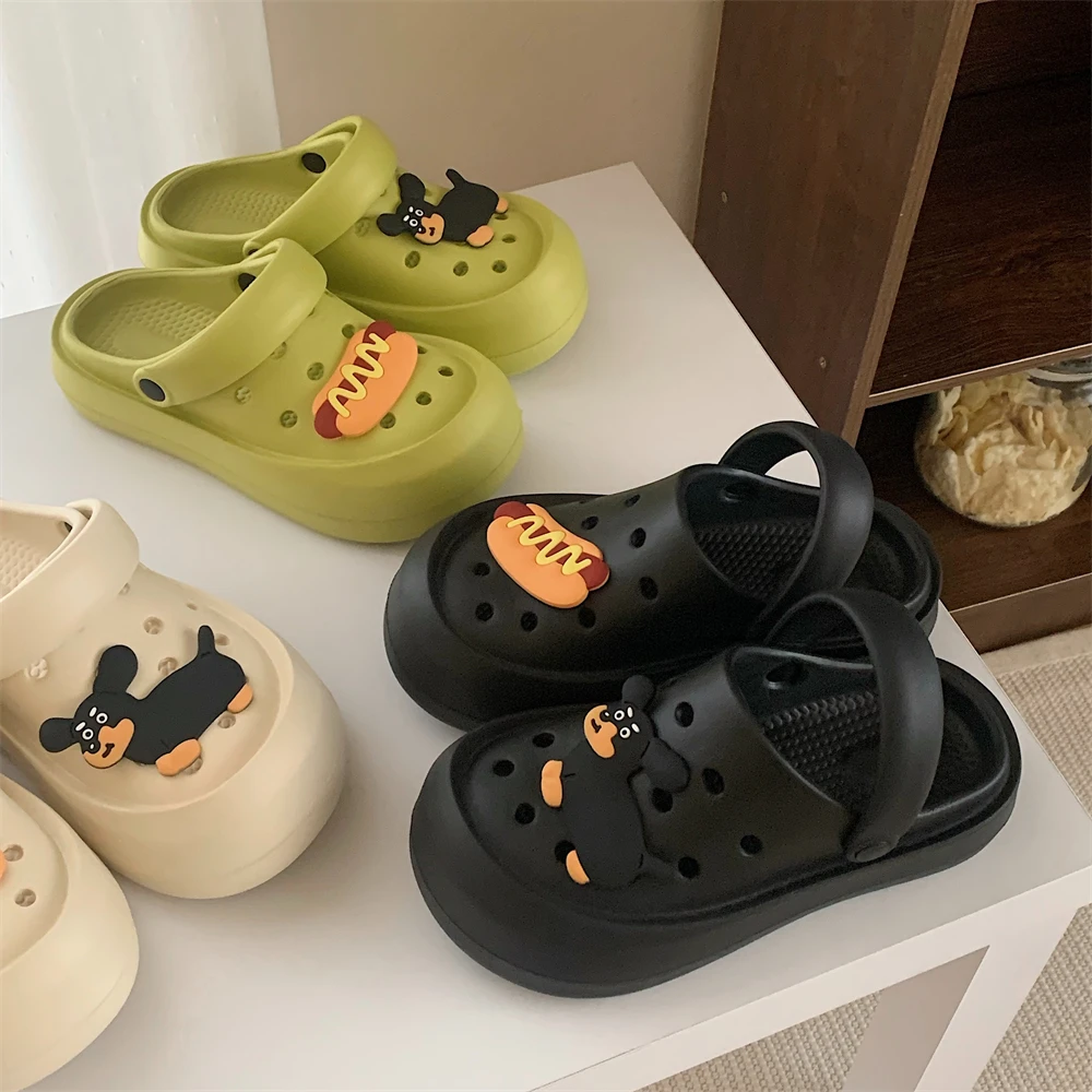 细细条 夏季新款趣味卡通狗狗两穿洞洞鞋软厚底外穿防滑凉拖鞋女