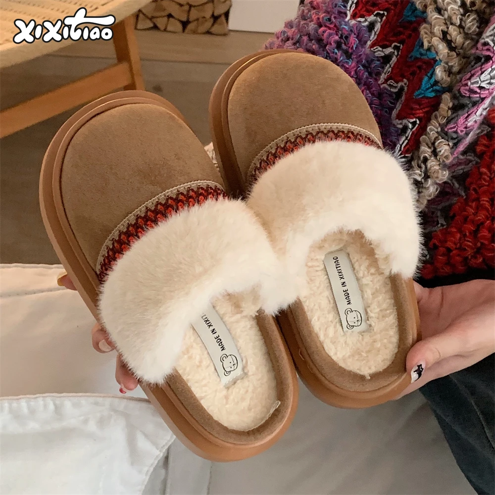 细细条 民族风棉拖鞋女士冬居家外穿复古防滑厚底加绒保暖月子鞋