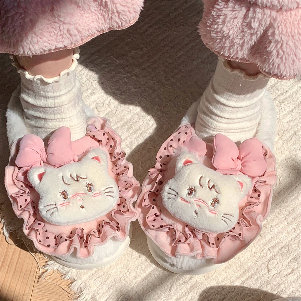 细细条 女冬季新款可爱波点围边小猫毛毛鞋学生厚底居家保暖棉拖