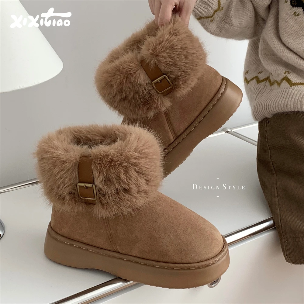 细细条 厚底雪地靴女冬季时尚高级感毛绒圈口保暖舒适东北棉鞋ins