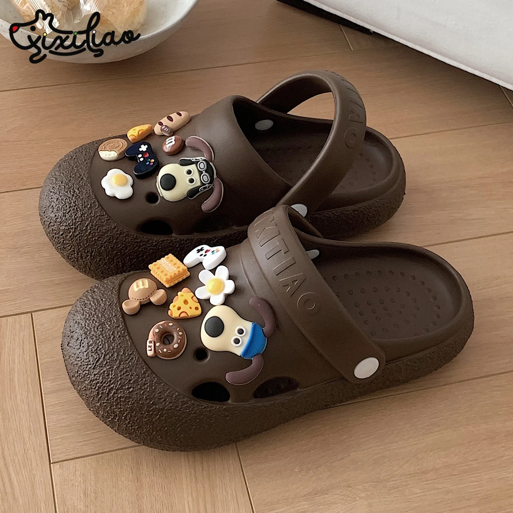 细细条 夏季两穿包头凉拖eva软底可爱狗狗时尚拿铁色户外洞洞鞋女