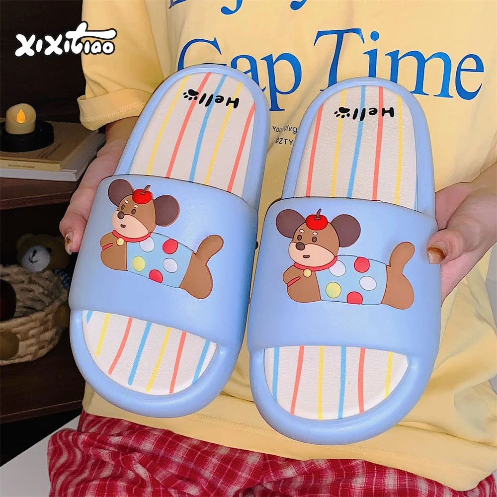 趣味彩色ins小狗拖鞋男女夏外穿居家可爱防滑厚底一字凉拖