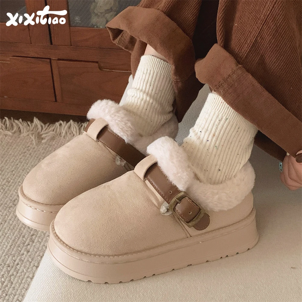 细细条 外穿时尚保暖复古风勃肯鞋女韩版ins潮仿皮带扣冬季雪地靴