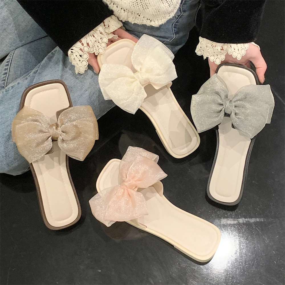 细细条 创意时尚方头女士一字拖甜美风网纱蝴蝶结夏季沙滩凉拖鞋