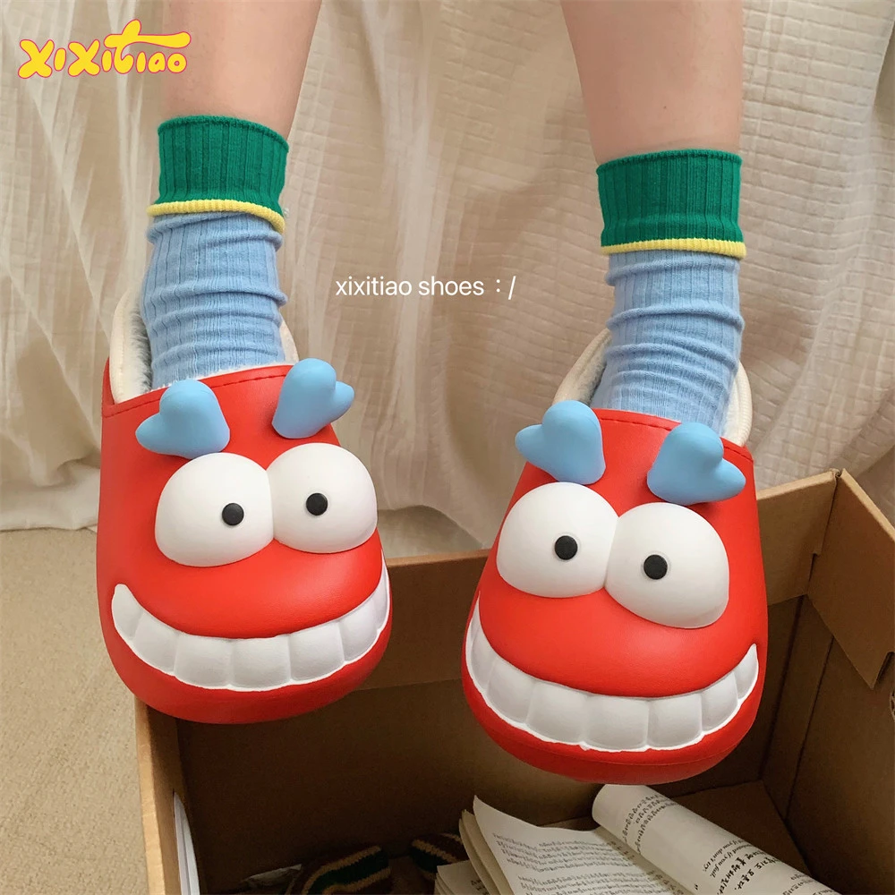 细细条 户外包跟棉拖鞋女冬个性趣味卡通小呆龙防水保暖学生棉鞋