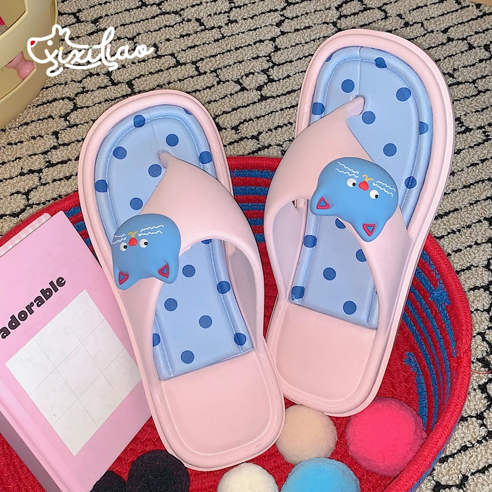 细细条 个性卡通波点猫人字拖外穿防滑平底夏季时尚夹脚凉拖鞋女