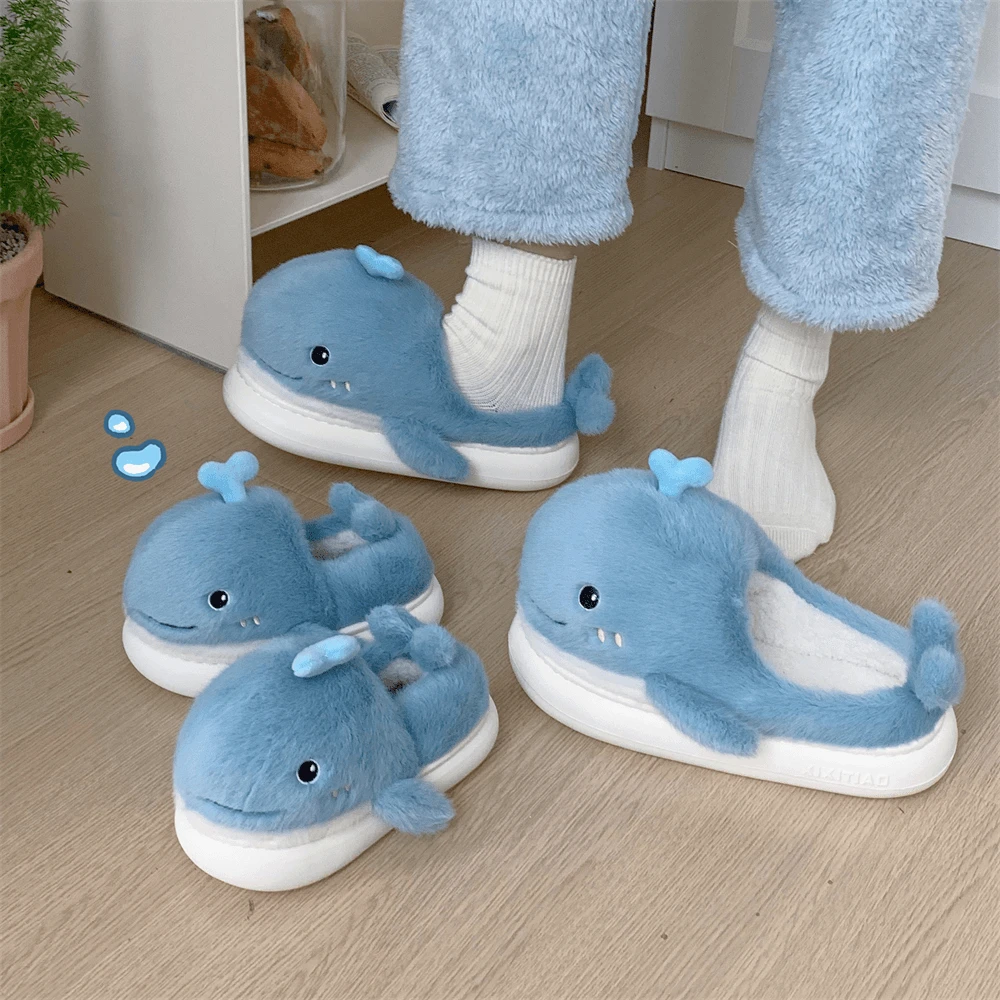 细细条 毛绒可爱鲸鱼一家三口棉拖鞋室内保暖冬季亲子毛毛鞋ins