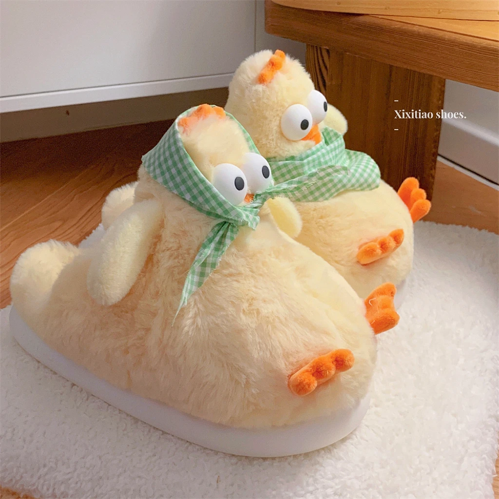 细细条 毛绒绒可爱立体小鸡棉拖鞋女2025冬季新款网红居家月子鞋